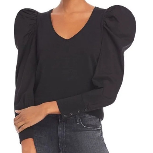 Nation LTD Jenna Cuffed Combo Tee Top In Jet Black Puff Sleeve Sz Large - Picture 1 of 10